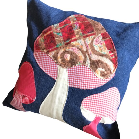 Handmade Other - Mushroom Pillow Cover Handmade 18 x18 Whimsical Fungi Cottagecore Recycled Denim